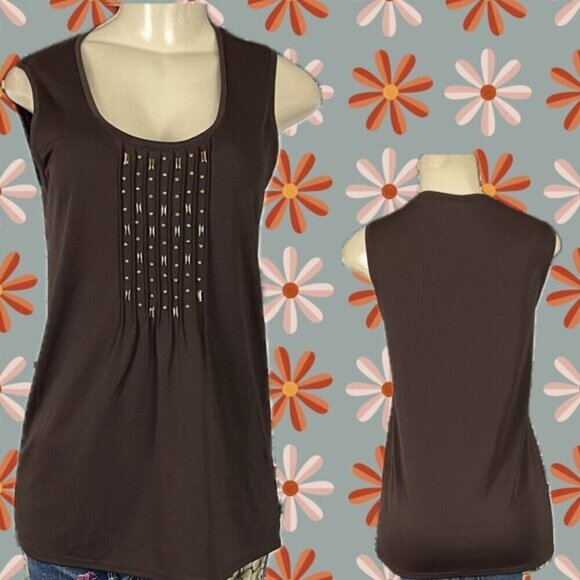 Jones New York S Brown Beaded Pleated Front Scoop Neckline Sleeveless Top - Picture 1 of 6